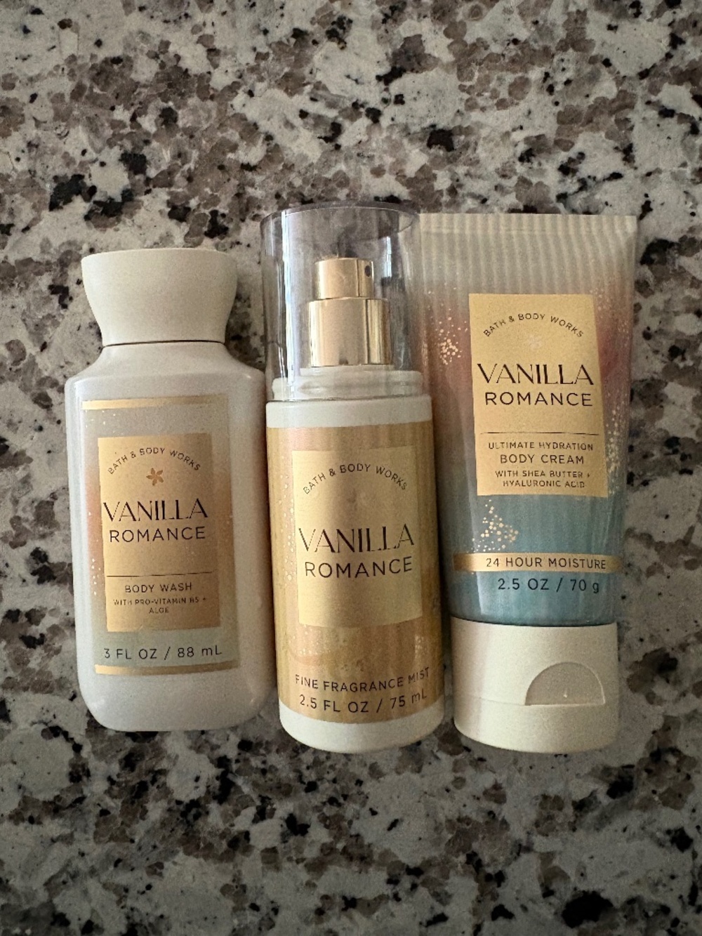 bath and body works vanilla romance mini body wash, body lotion, and body spray